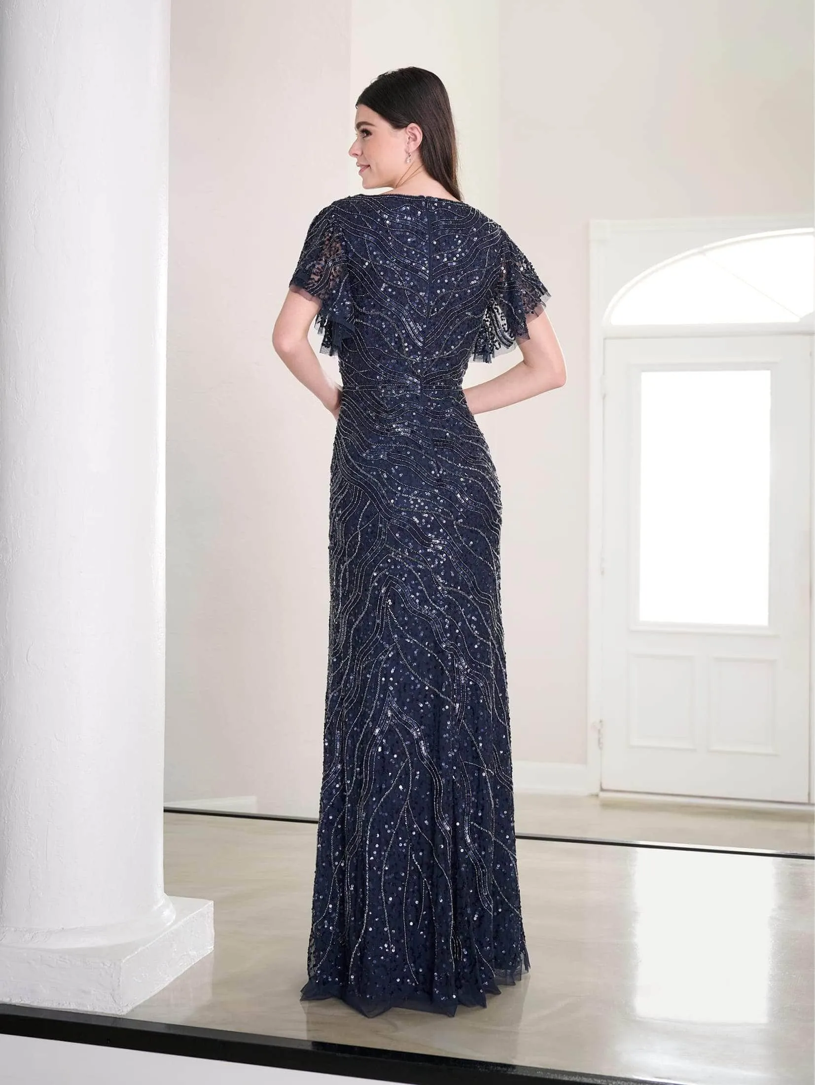 Adrianna Papell Platinum 40455 - Sequin Flutter Sleeve Evening Dress