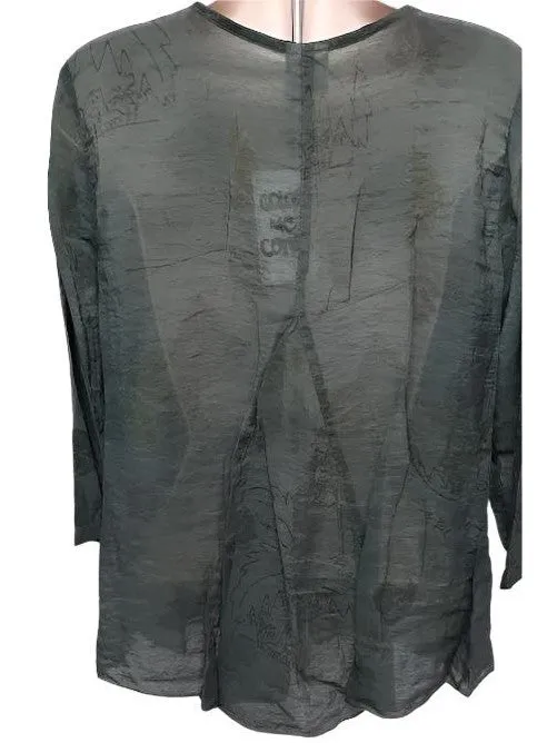 Blouse 3/4 Sleeve; Botton Down Sheer Artichoke Dk Green Women's cmp-9818