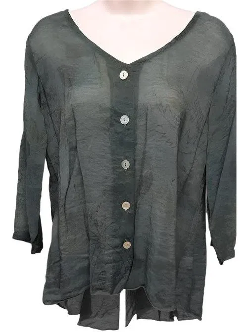 Blouse 3/4 Sleeve; Botton Down Sheer Artichoke Dk Green Women's cmp-9818