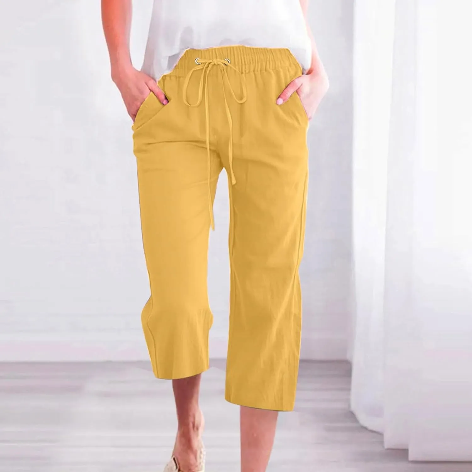 Capri Pants for Women Cotton Linen Casual Summer Pants Plus Size Drawstring Elastic Waist Capris with Pockets