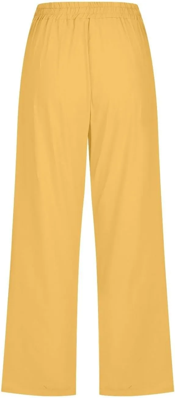 Capri Pants for Women Cotton Linen Casual Summer Pants Plus Size Drawstring Elastic Waist Capris with Pockets