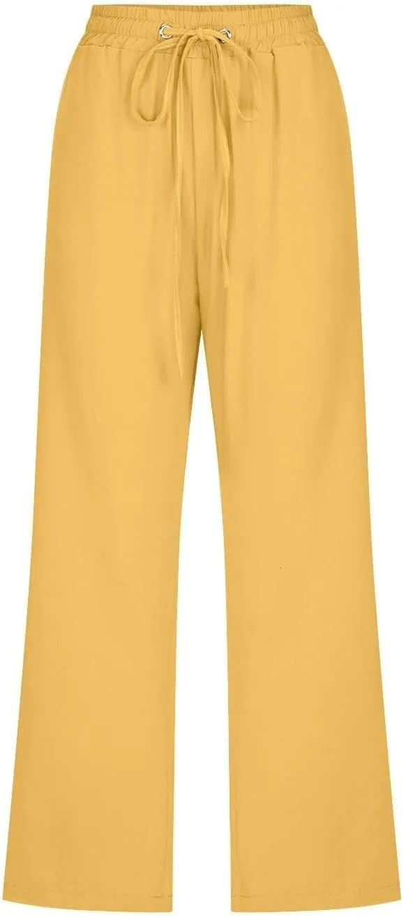 Capri Pants for Women Cotton Linen Casual Summer Pants Plus Size Drawstring Elastic Waist Capris with Pockets