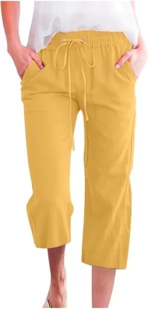 Capri Pants for Women Cotton Linen Casual Summer Pants Plus Size Drawstring Elastic Waist Capris with Pockets