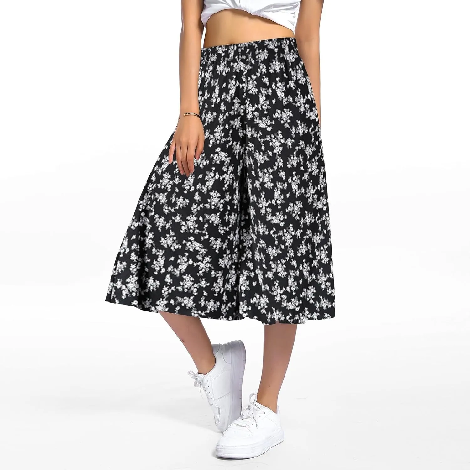 Casual Dress Pants for Women Loose Fit High Waisted Floral Print Pant Wide Leg Elastic Waist Trousers with Pockets