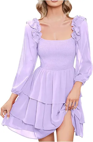 Cute Shift Tunic Dress for Women Ruffle Swing Babydoll Mini Long Sleevee Mini Knee Length Sun Dresses with Pockets