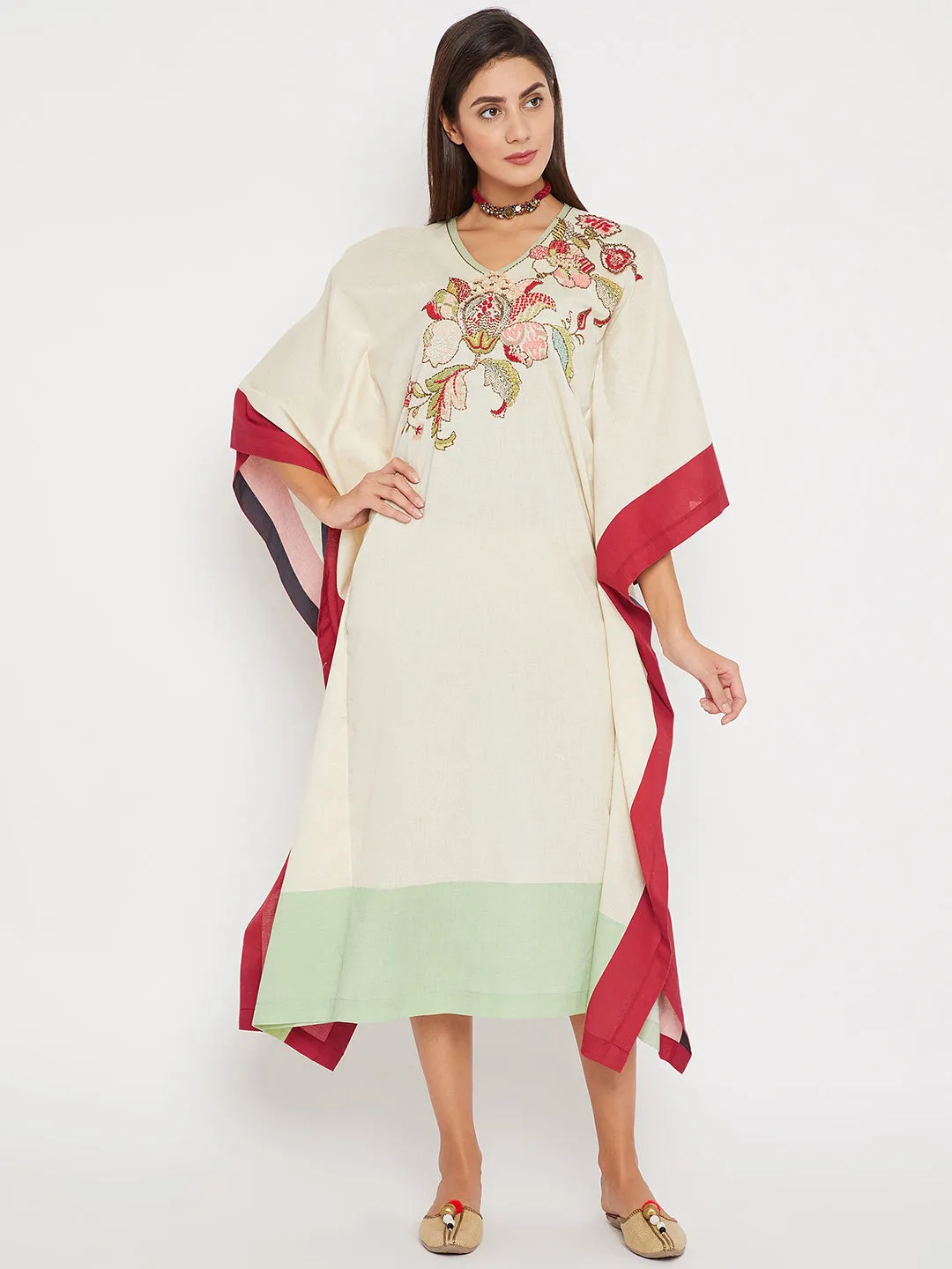 Ivory Elegance Embroidered Kaftan Dress