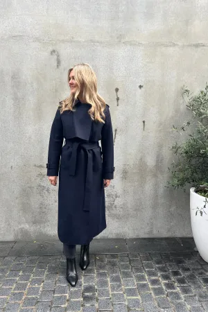 Long Trench Coat Pressed Wool Navy Blue
