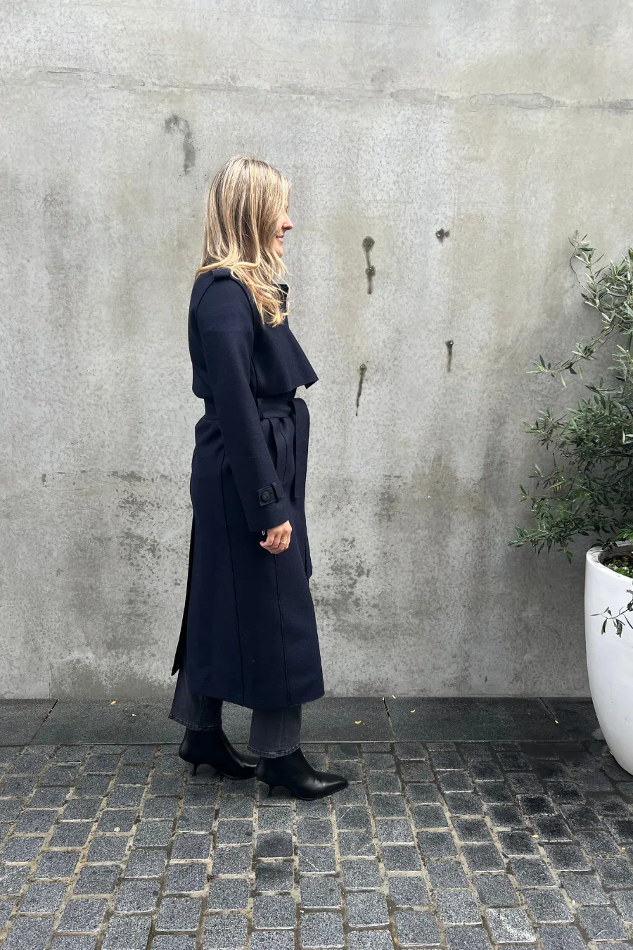 Long Trench Coat Pressed Wool Navy Blue