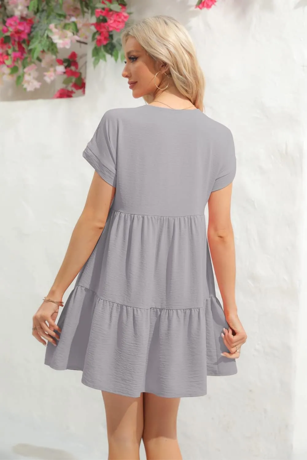 Lueluoye Women V Neck Flowy Babydoll Dresses 2025 Summer Short Sleeve Swing Shift Loose Casual Summer Mini Tunic Dress