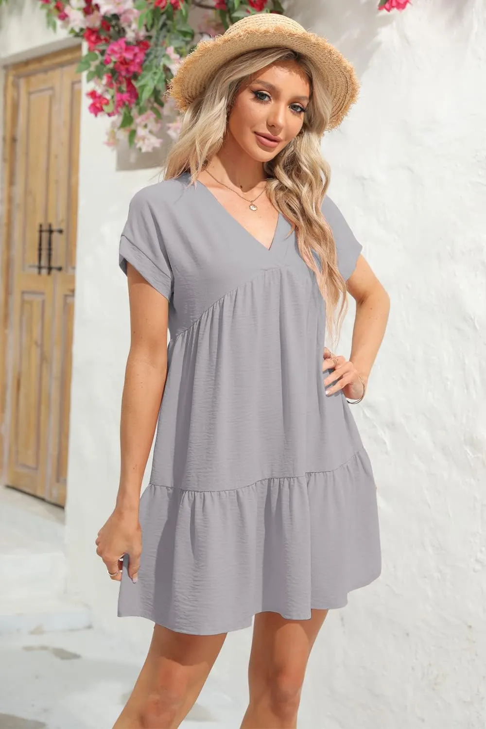 Lueluoye Women V Neck Flowy Babydoll Dresses 2025 Summer Short Sleeve Swing Shift Loose Casual Summer Mini Tunic Dress
