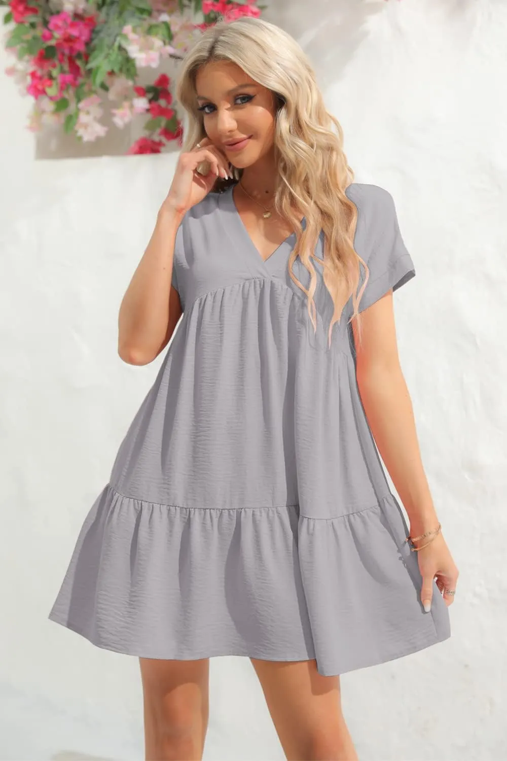 Lueluoye Women V Neck Flowy Babydoll Dresses 2025 Summer Short Sleeve Swing Shift Loose Casual Summer Mini Tunic Dress