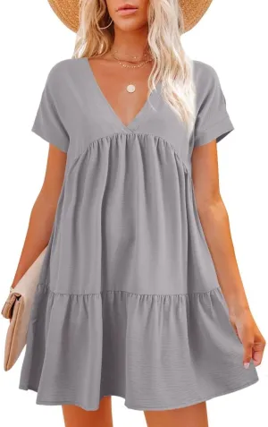 Lueluoye Women V Neck Flowy Babydoll Dresses 2025 Summer Short Sleeve Swing Shift Loose Casual Summer Mini Tunic Dress