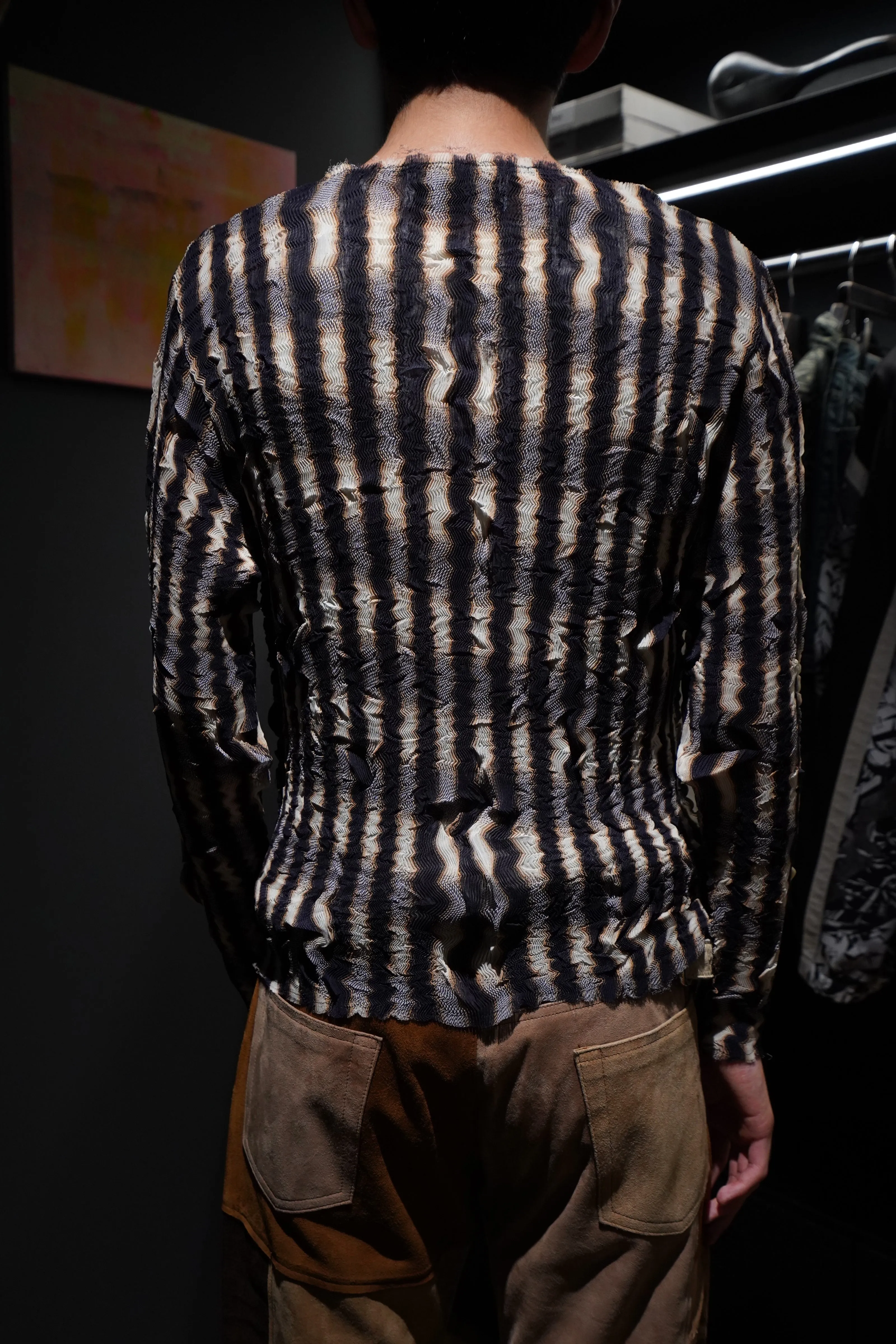 SUGARHILL SHEER PLEATED OMBRE PLAID TOPS (INDIGO&BROWN)