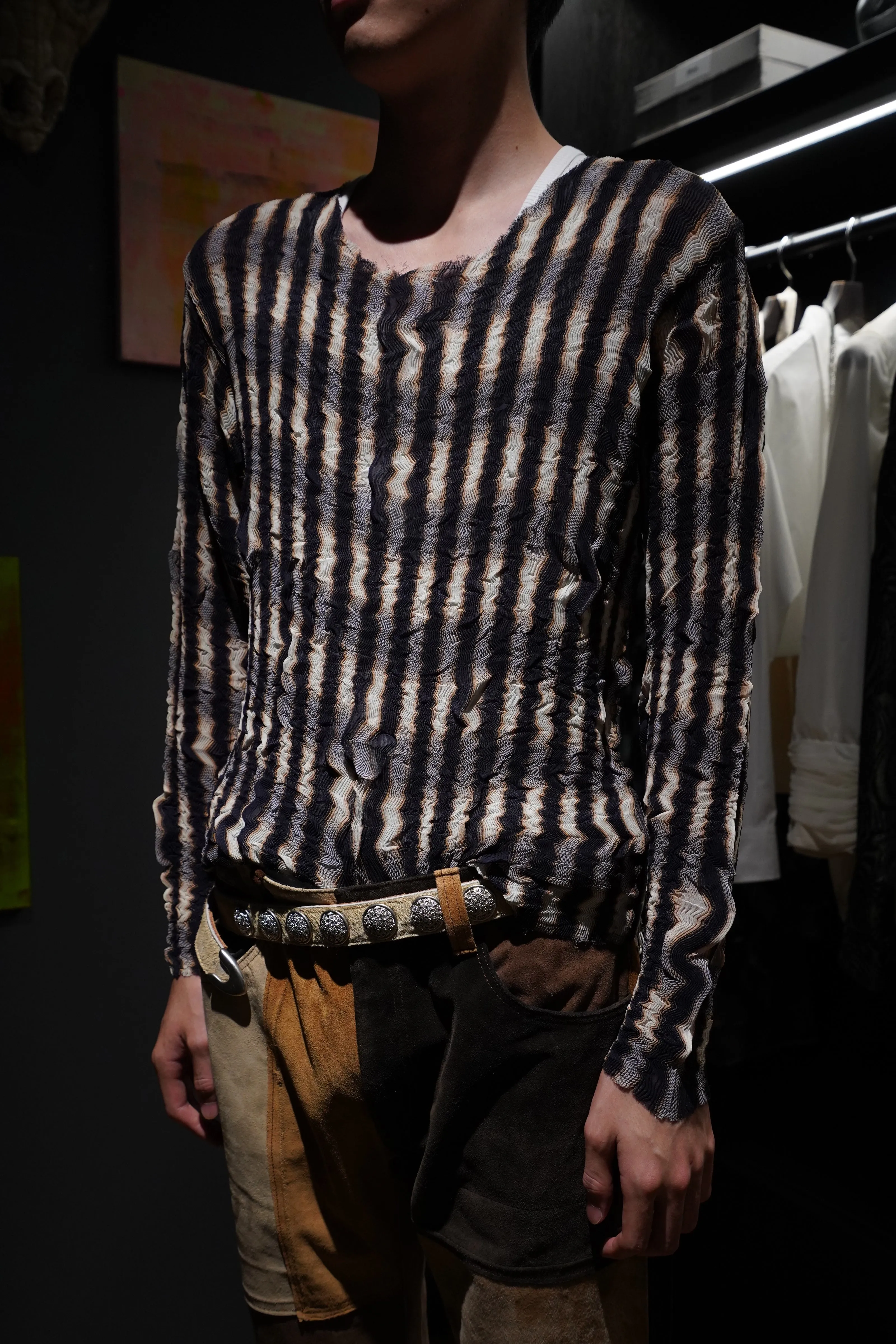 SUGARHILL SHEER PLEATED OMBRE PLAID TOPS (INDIGO&BROWN)