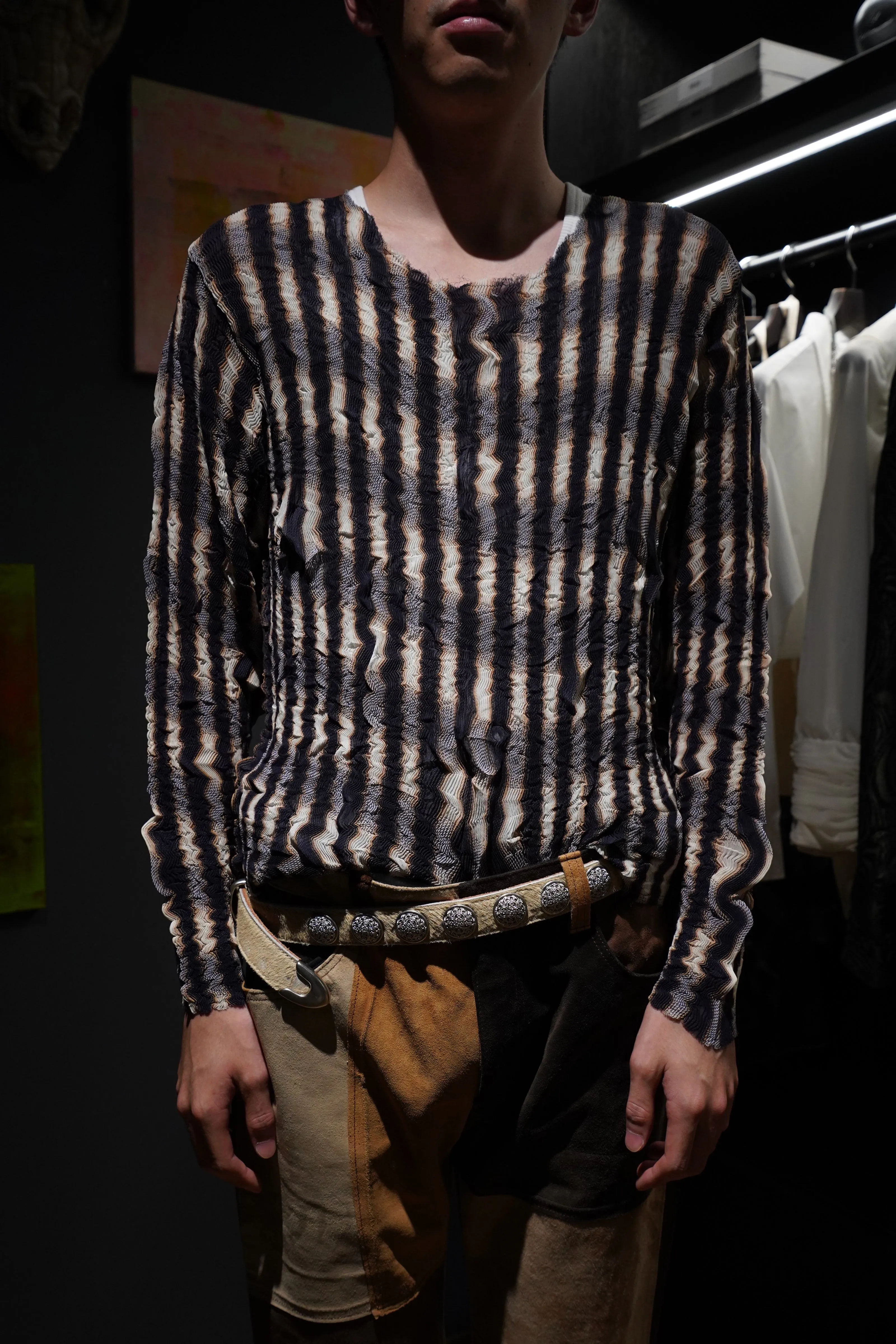 SUGARHILL SHEER PLEATED OMBRE PLAID TOPS (INDIGO&BROWN)