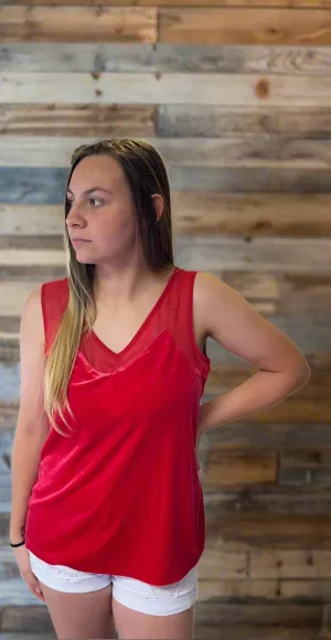 V-Neck Red Velvet & Sheer Tank