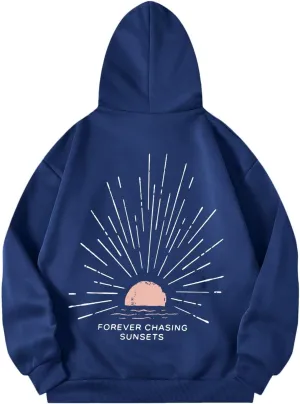 Women Oversized Hoodie Beachy Sweatshirt Letter Printed Always Chasing Sunsets Hoodies Solid Color Soft Top