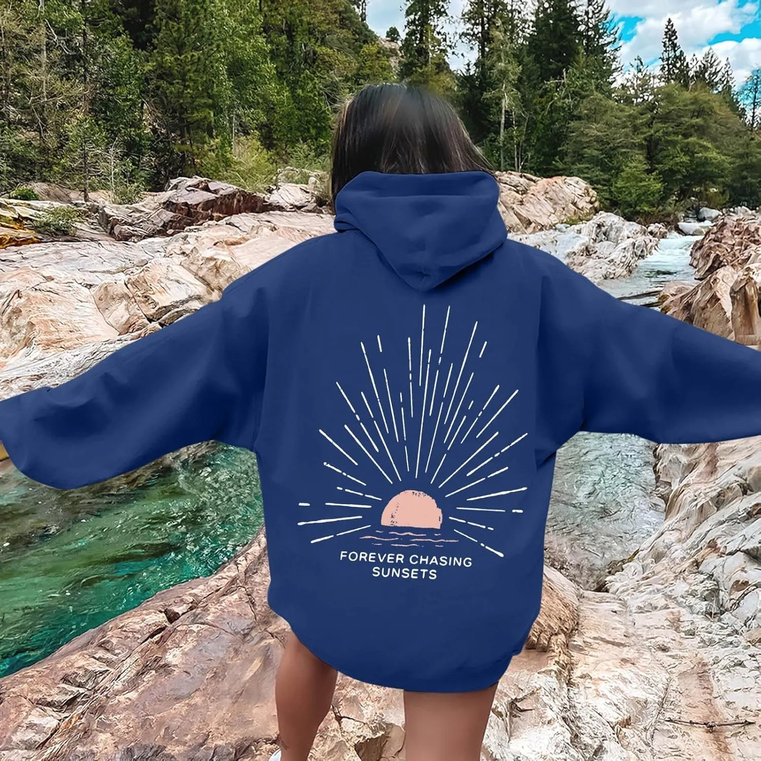 Women Oversized Hoodie Beachy Sweatshirt Letter Printed Always Chasing Sunsets Hoodies Solid Color Soft Top