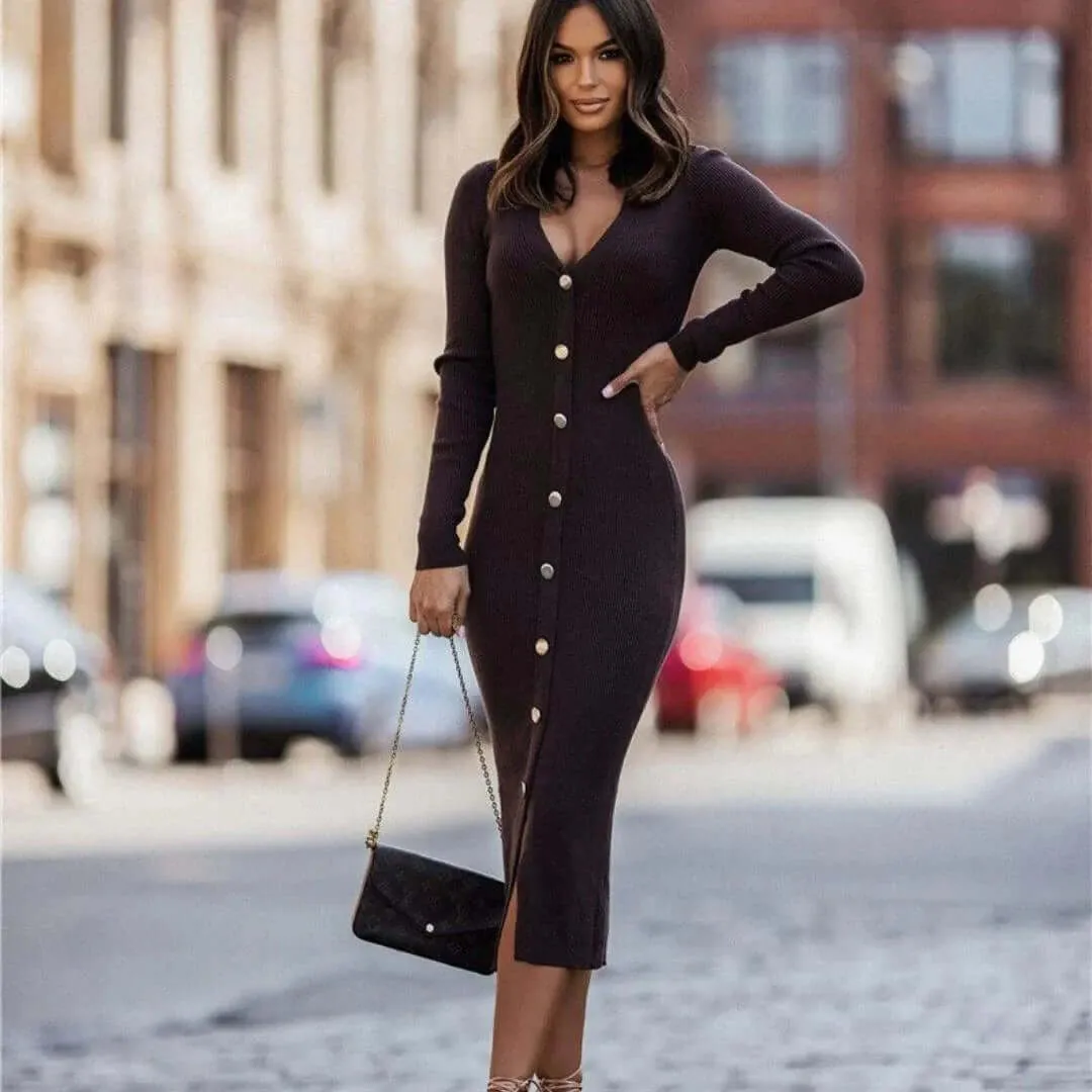 Women's Ribbed Knit Midi Sweater Dress: Long Sleeve Bodycon Dress